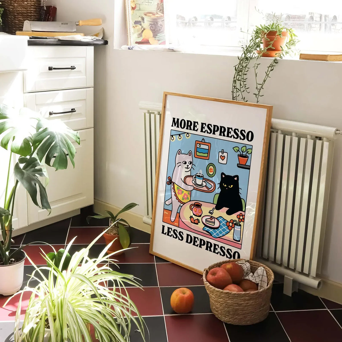 More Espresso Less Depresso Black Cat Wall Print, Coffee Cat Poster, Kitchen Art, Handmade Cat Coffee Poster, Coffee Bar, Unique
