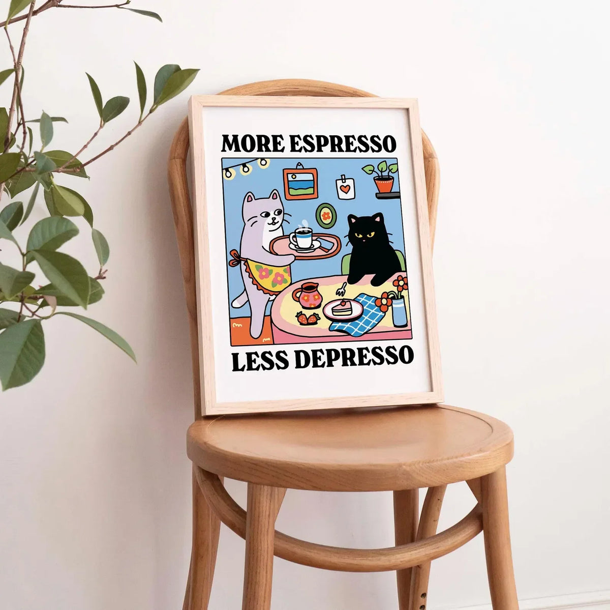 More Espresso Less Depresso Black Cat Wall Print, Coffee Cat Poster, Kitchen Art, Handmade Cat Coffee Poster, Coffee Bar, Unique