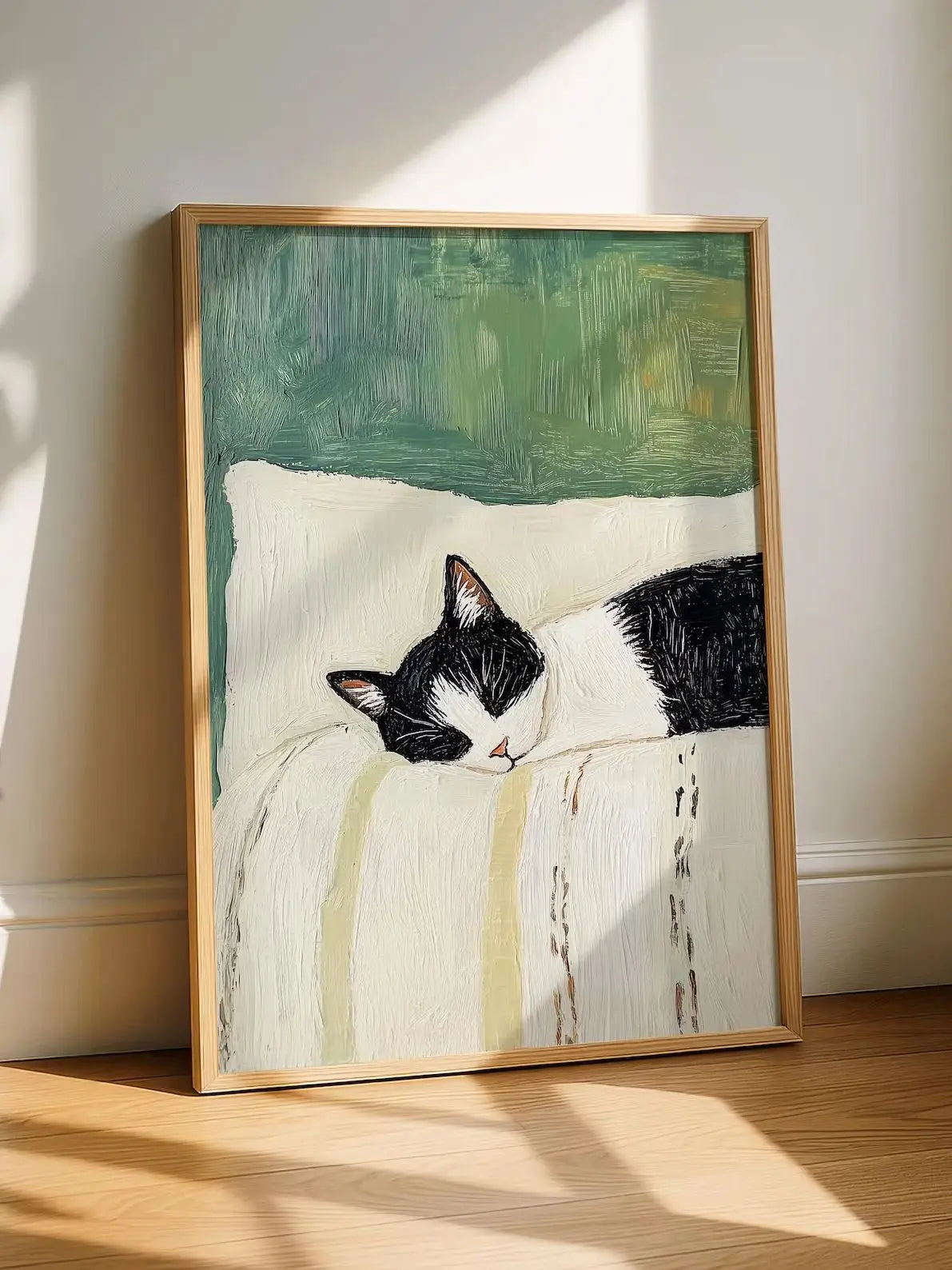 Sleeping Tuxedo Cat Wall Art Print: Black and White Cat Painting, Unframed Cat Poster gift decoration