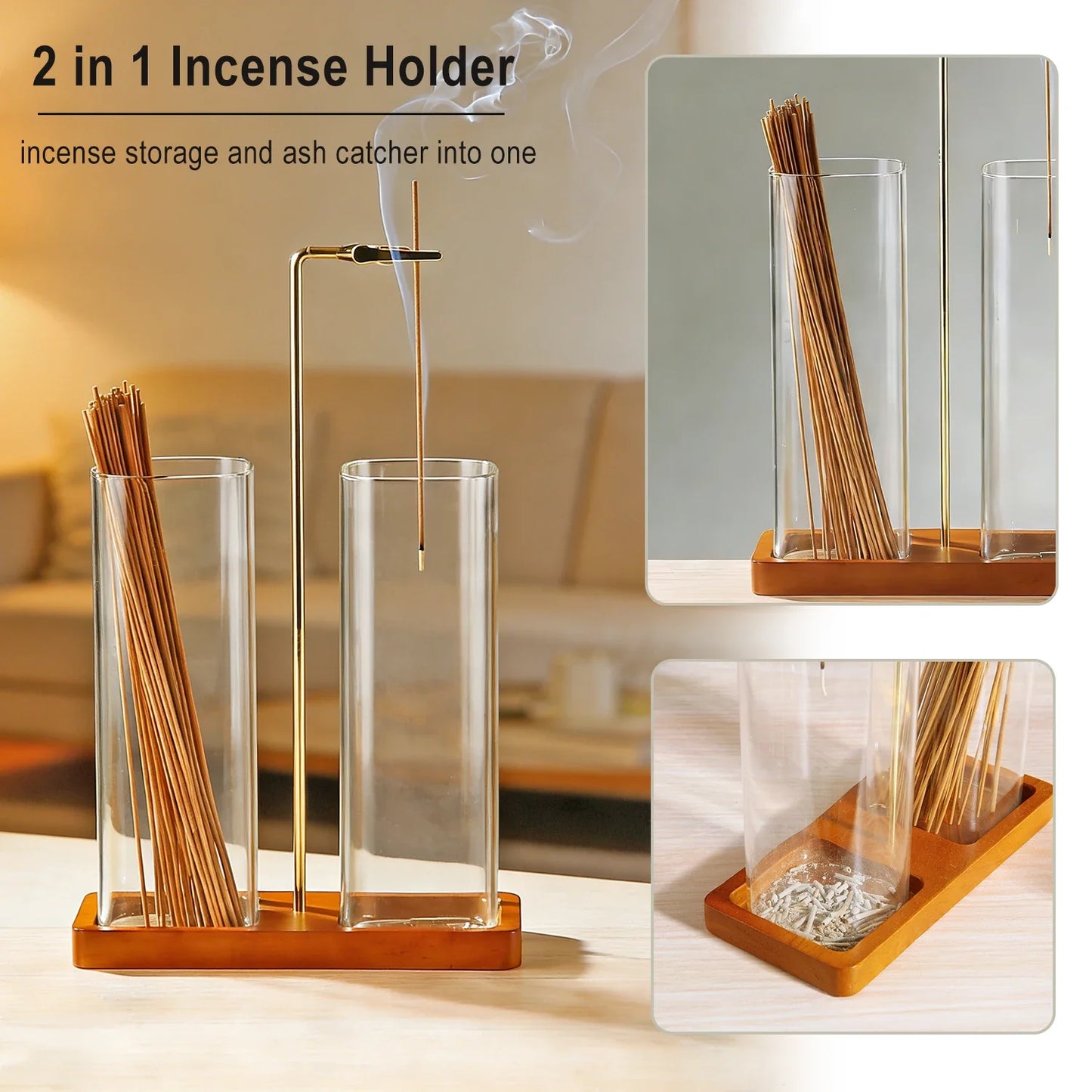2 in 1 Incense Holder Upside Down Glass Incense Holder for Sticks Anti-Ash Incense Burner with Ash Catcher & Incense Storage