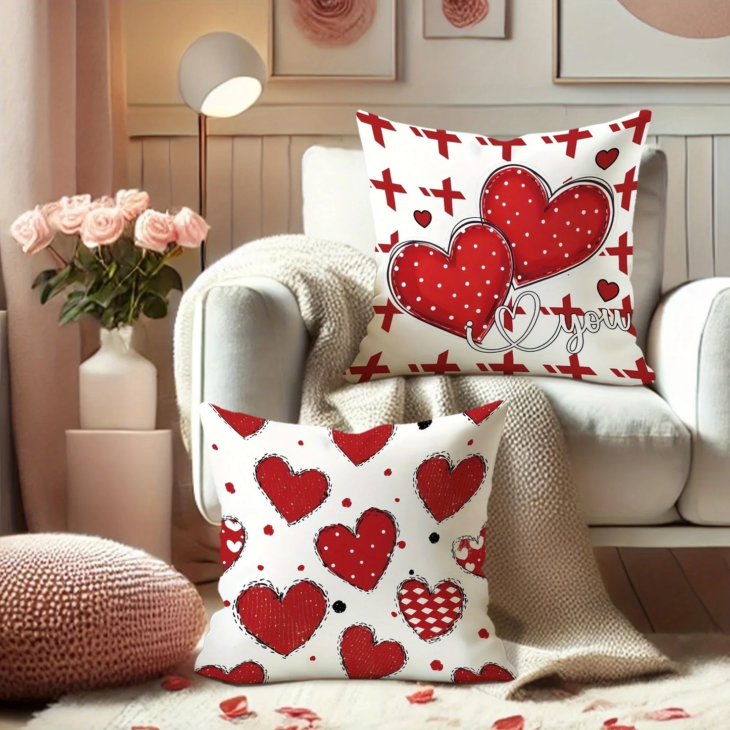 VIKAMA Red Heart Design, Decorative Pillow Cover For Valentine's Day And Weddings, Washable Pillowcase, For Sofas And Bedrooms