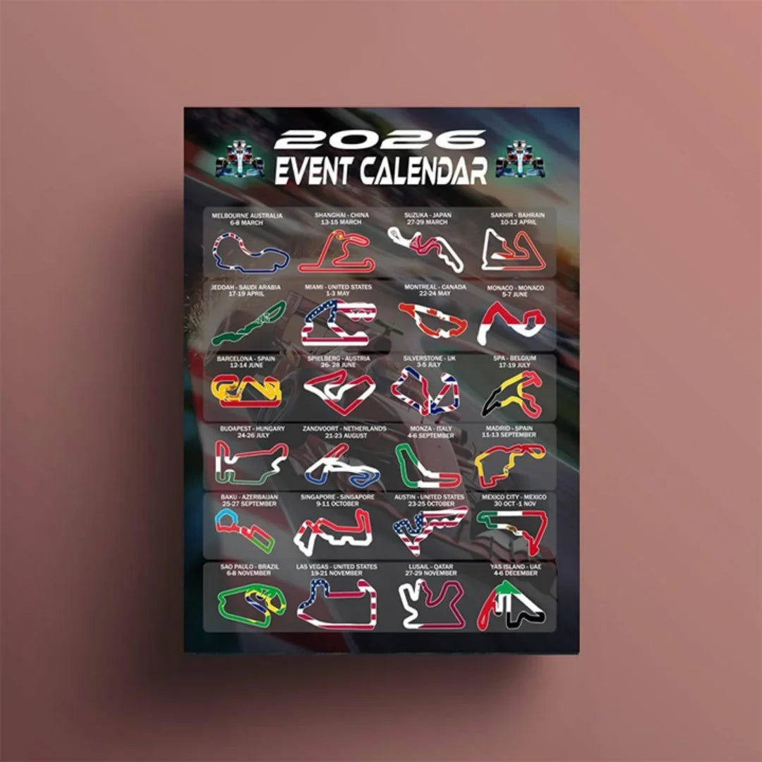 Gifts and Temptations 2026 Formula Racing Event Calendar Poster Track Layouts with National Flags, Wall Art Print