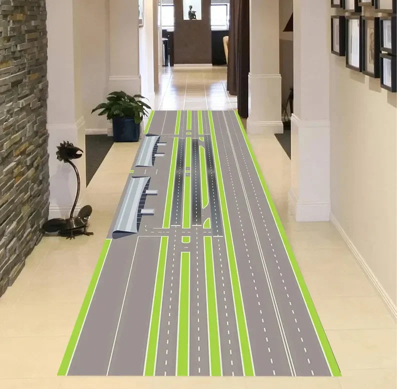 Realistic Airport Runway Carpet Mat Rug, Aviation Theme & Interactive home decoration with Grey Green Tone for Hallway Playroom
