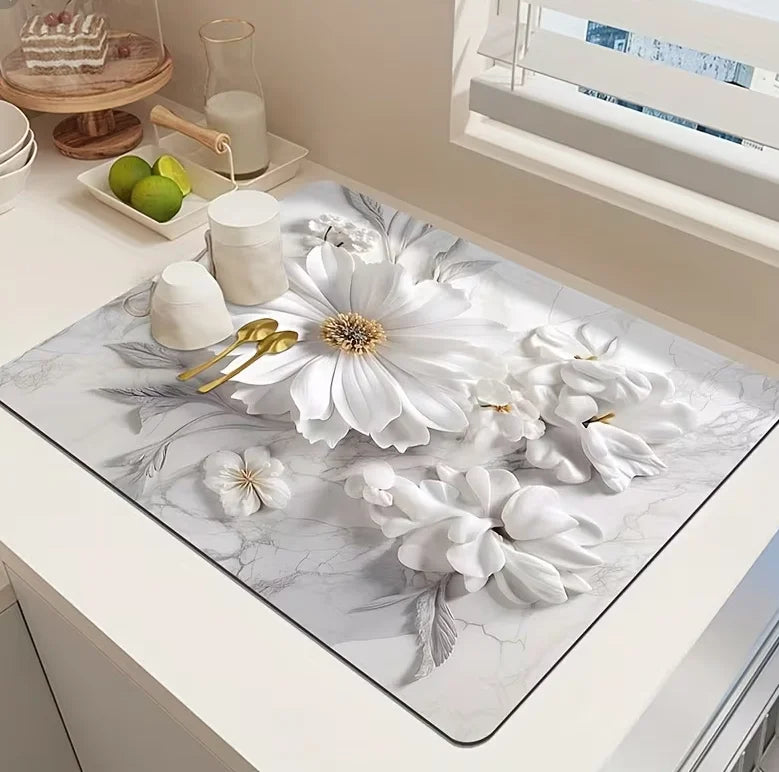 One White Floral Print Tableware Drying Mat Daily Decorative Drying Pad Countertop Absorbent Placemat Refrigerator Mat