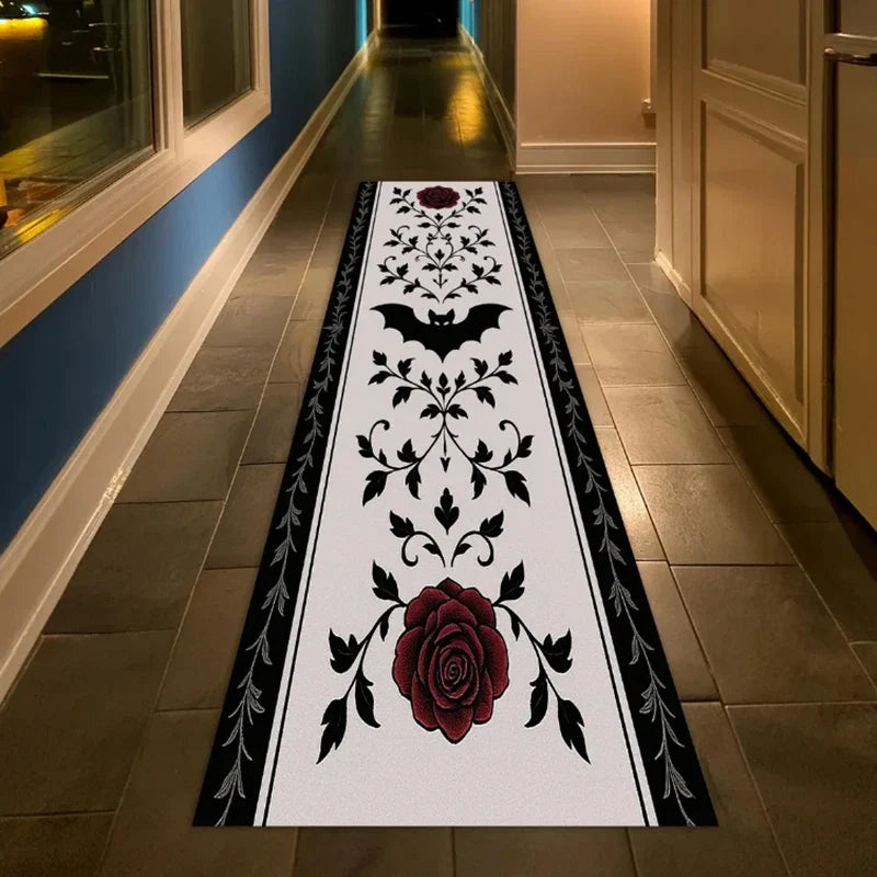 Skull Pattern Gothic Runner Rug Red Black Rose Decor Carpet Soft Non-Slip Art Home Decor Mat for Hallway Living Room Bedside
