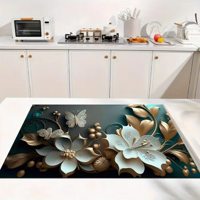 One White Floral Print Tableware Drying Mat Daily Decorative Drying Pad Countertop Absorbent Placemat Refrigerator Mat