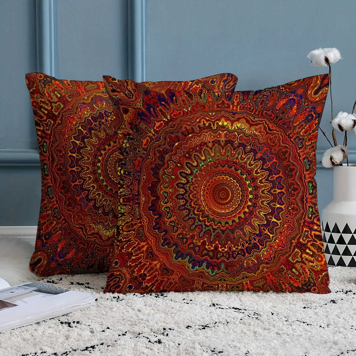 VIKAMA Red Dreamy Golden Mandala Bohemian Style Pillowcase, Modern Style Bedroom And Living Room Home Decoration