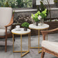 Round Nesting Sofa Side End Table with Gold Metal Frame, High Grade Marble Stone, Coffee Table, 2Pcs