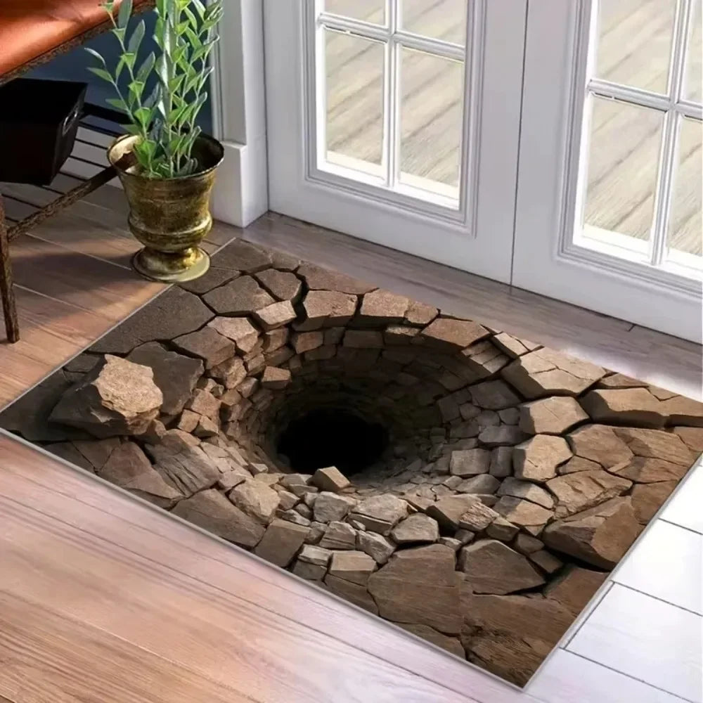 3D Visual Illusion Hole Pattern Doormat Imitation Stone Home Decor Carpet Water-absorbent Non-slip Mat for Living Room Bedroom