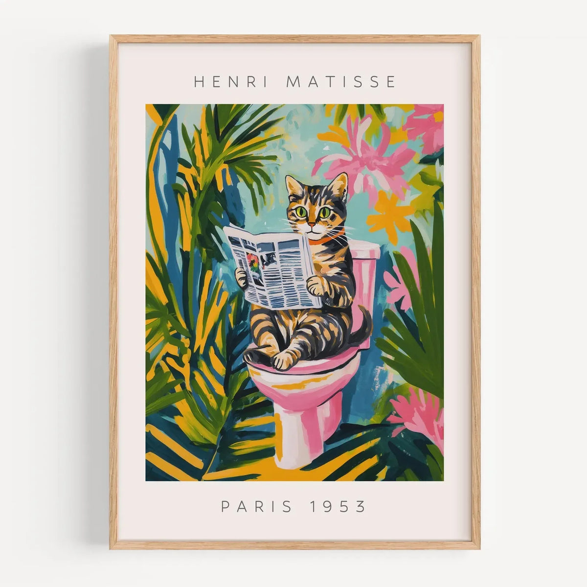 Black cat on toilet, Bathroom wall art, Matisse poster, Funny bathroom decor, Pink tropical decor