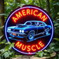 1pc Vintage-Inspired American Muscle Car Neon Sign Round Aluminum Wall Art With Sleek Edges, Bright Red & Blue, Perfect For Cafe