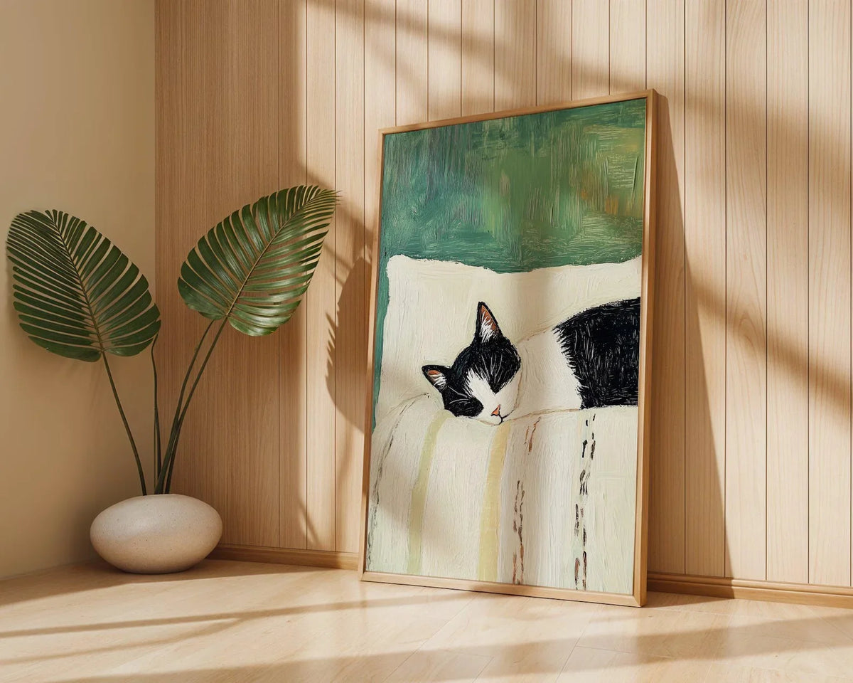 Sleeping Tuxedo Cat Wall Art Print: Black and White Cat Painting, Unframed Cat Poster gift decoration