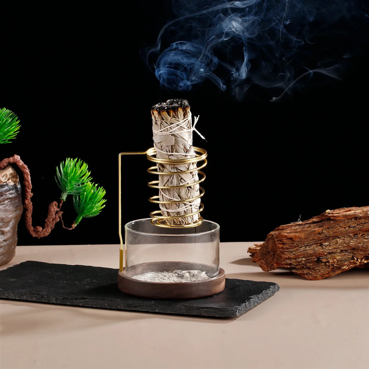 Metal Sage Holder Burner Palo Santo Holder with Glass Ash Catcher Tray Incense Holder for Meditation Yoga Spa