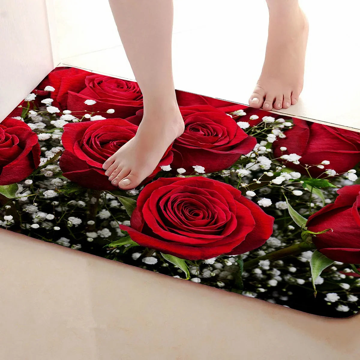 VIKAMA 1/2pc Valentine's Day Romantic Rose Print Rug, Non-Slip, Dirt-Proof. For Kitchen, Bathroom, Entrance Home Decor Carpet.
