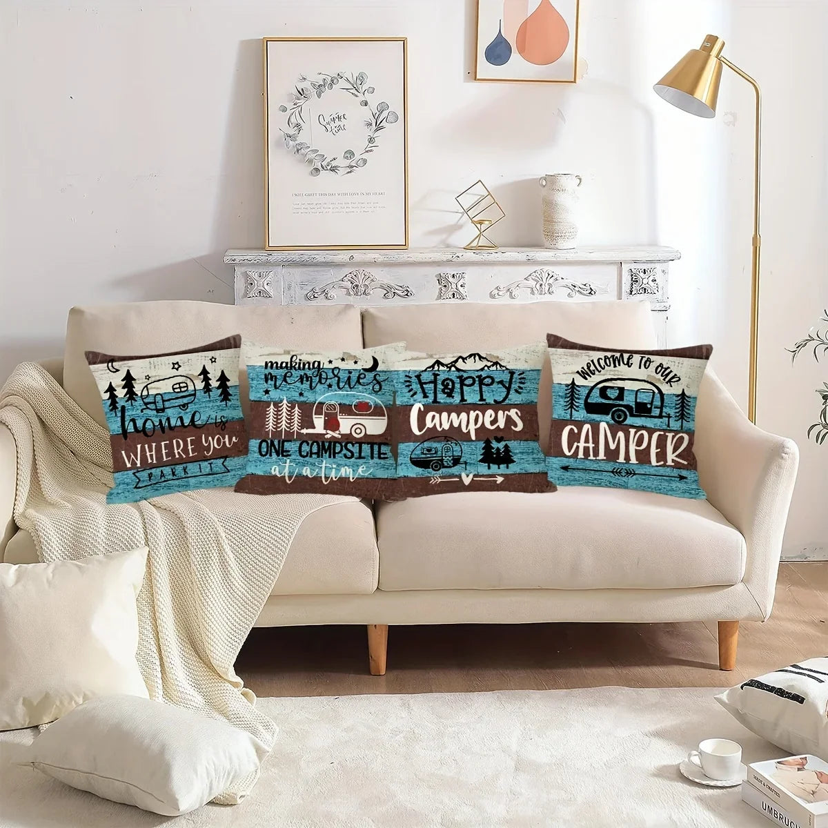 VIKAMA Camping Theme Pillowcase, Country-Style Decorative Cushion pillow Cover, For Sofas, RVs, Camping, Bedroom Home Decoration