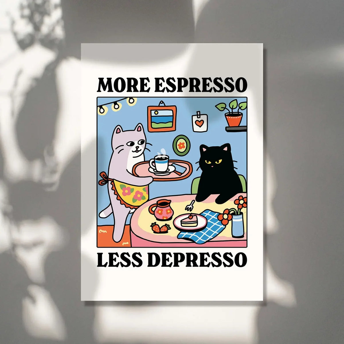 More Espresso Less Depresso Black Cat Wall Print, Coffee Cat Poster, Kitchen Art, Handmade Cat Coffee Poster, Coffee Bar, Unique