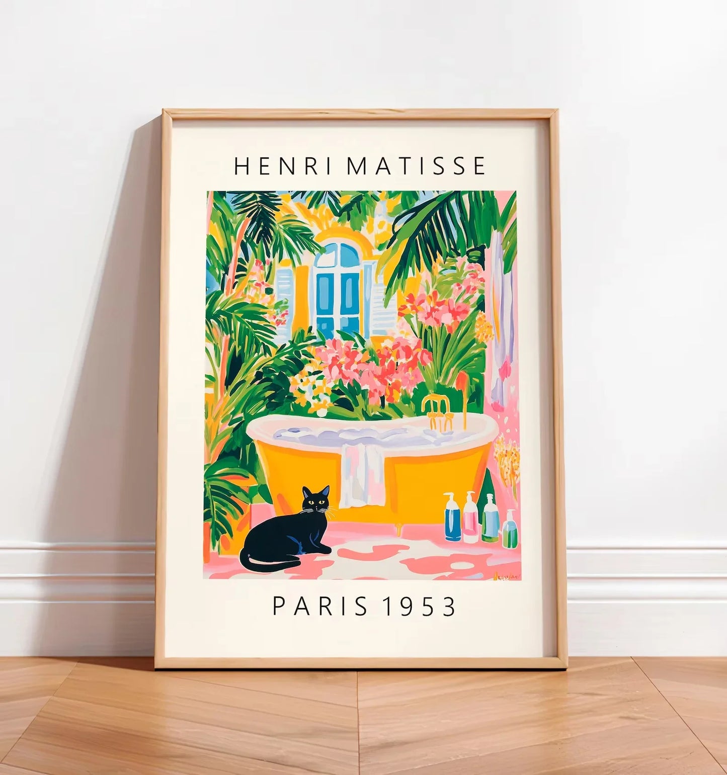 Black cat on toilet, Bathroom wall art, Matisse poster, Funny bathroom decor, Pink tropical decor