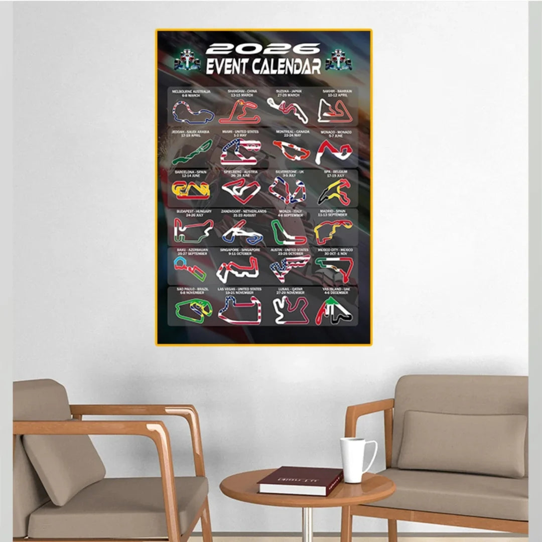 Gifts and Temptations 2026 Formula Racing Event Calendar Poster Track Layouts with National Flags, Wall Art Print
