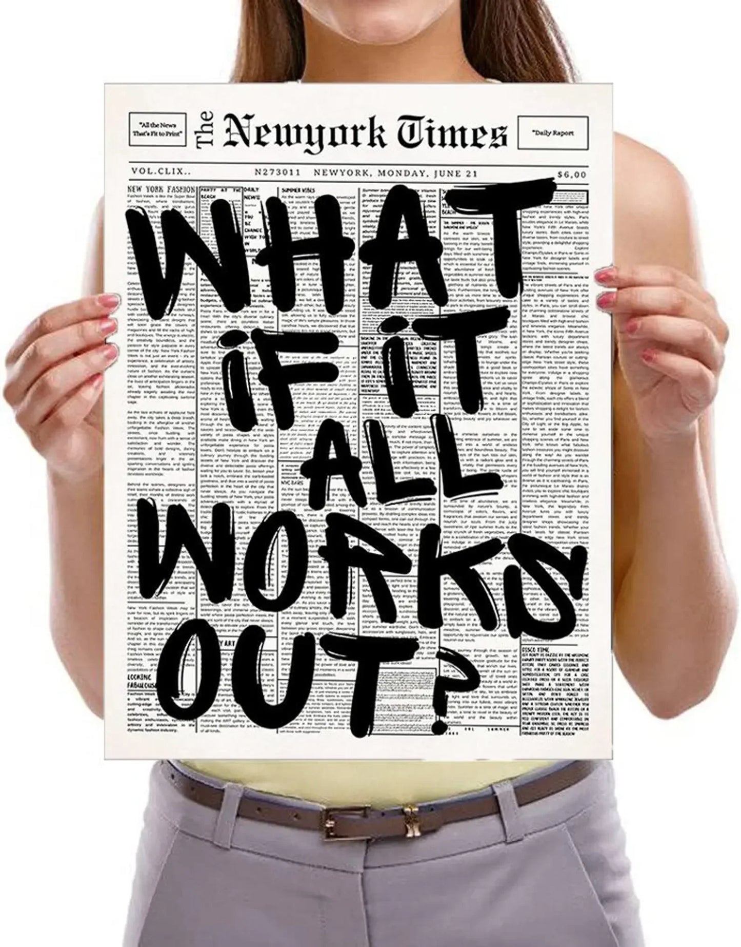 Newspaper Poster - What If It All Works Out - Positive Quote Canvas Wall Art, Affirming Minimalist Prints, Neutral Dorm Room Bed
