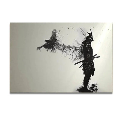 Black and White Japanese Black Samurai Man with Crow Posters and Print Wall Art Canvas Painting for Living Room Cuadros Decor
