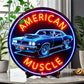 1pc Vintage-Inspired American Muscle Car Neon Sign Round Aluminum Wall Art With Sleek Edges, Bright Red & Blue, Perfect For Cafe