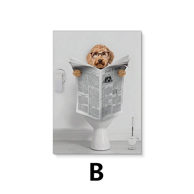 Modern Simple Animal Wall Art Dachshund Toilet Reading Newspaper Canvas Printed Poster Home Bathroom Bedroom Decoration