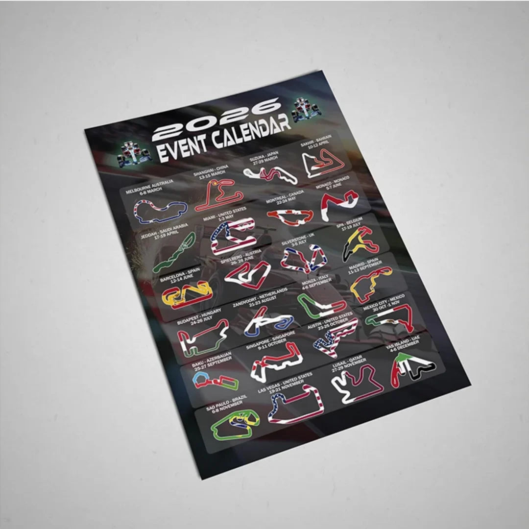 Gifts and Temptations 2026 Formula Racing Event Calendar Poster Track Layouts with National Flags, Wall Art Print