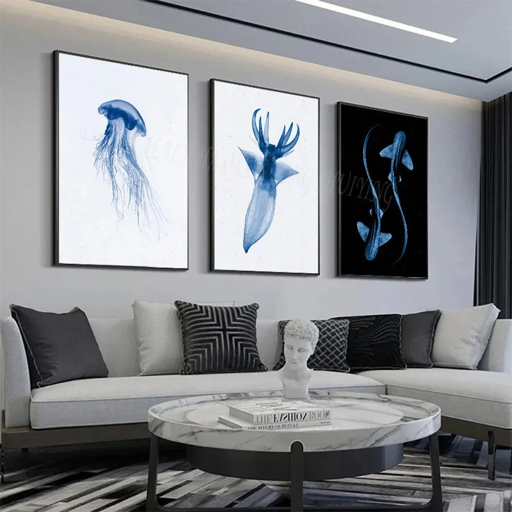 Retro Sea Animal Cyanea Jellyfish Squid Shark Minimalist A Poster HD Posters Home Room Bar Cafe Decor Art Wall Painting Picture