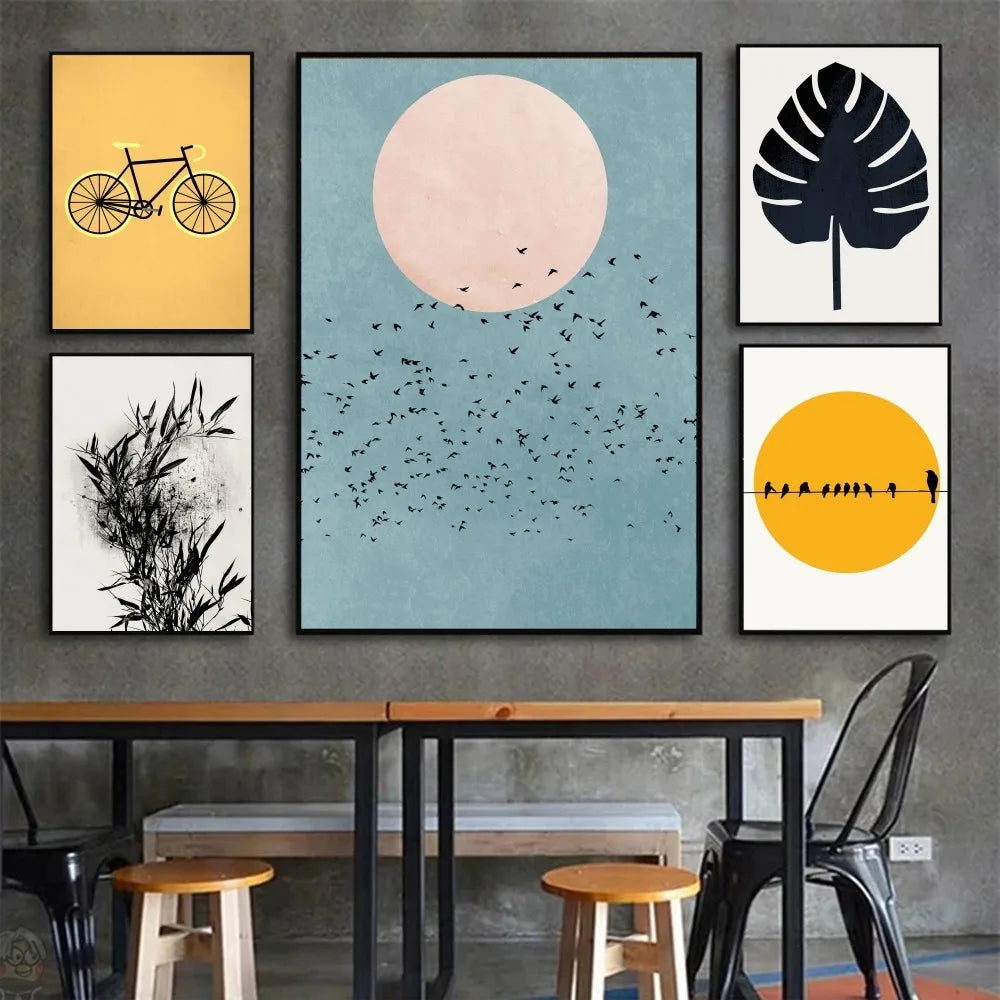 Modern Minimalist Boho Style Trees Birds Sun Landscape A Poster HD Posters Home Room Bar Cafe Decor Art Wall Painting Picture