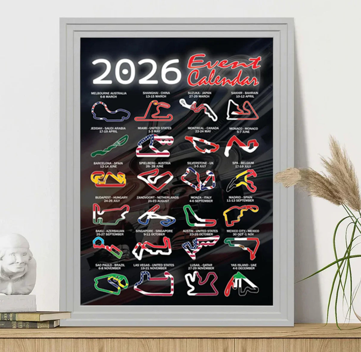 Gifts and Temptations 2026 Formula Racing Event Calendar Poster Track Layouts with National Flags, Wall Art Print