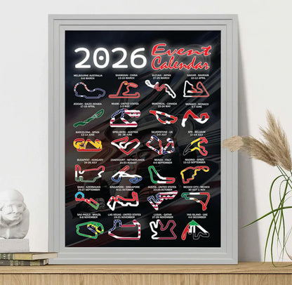 Gifts and Temptations 2026 Formula Racing Event Calendar Poster Track Layouts with National Flags, Wall Art Print