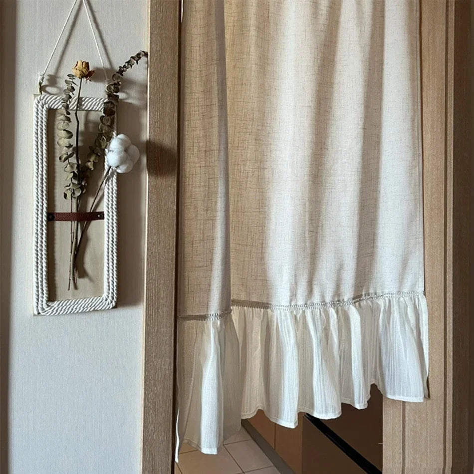 Cotton linen chiffon ruffled Short Curtains Rod-piercing Floral Half-Curtain Kitchen Cafe Living Room Bay Window Cabinet Curtain