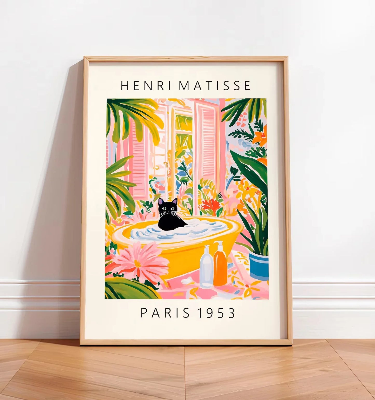 Black cat on toilet, Bathroom wall art, Matisse poster, Funny bathroom decor, Pink tropical decor