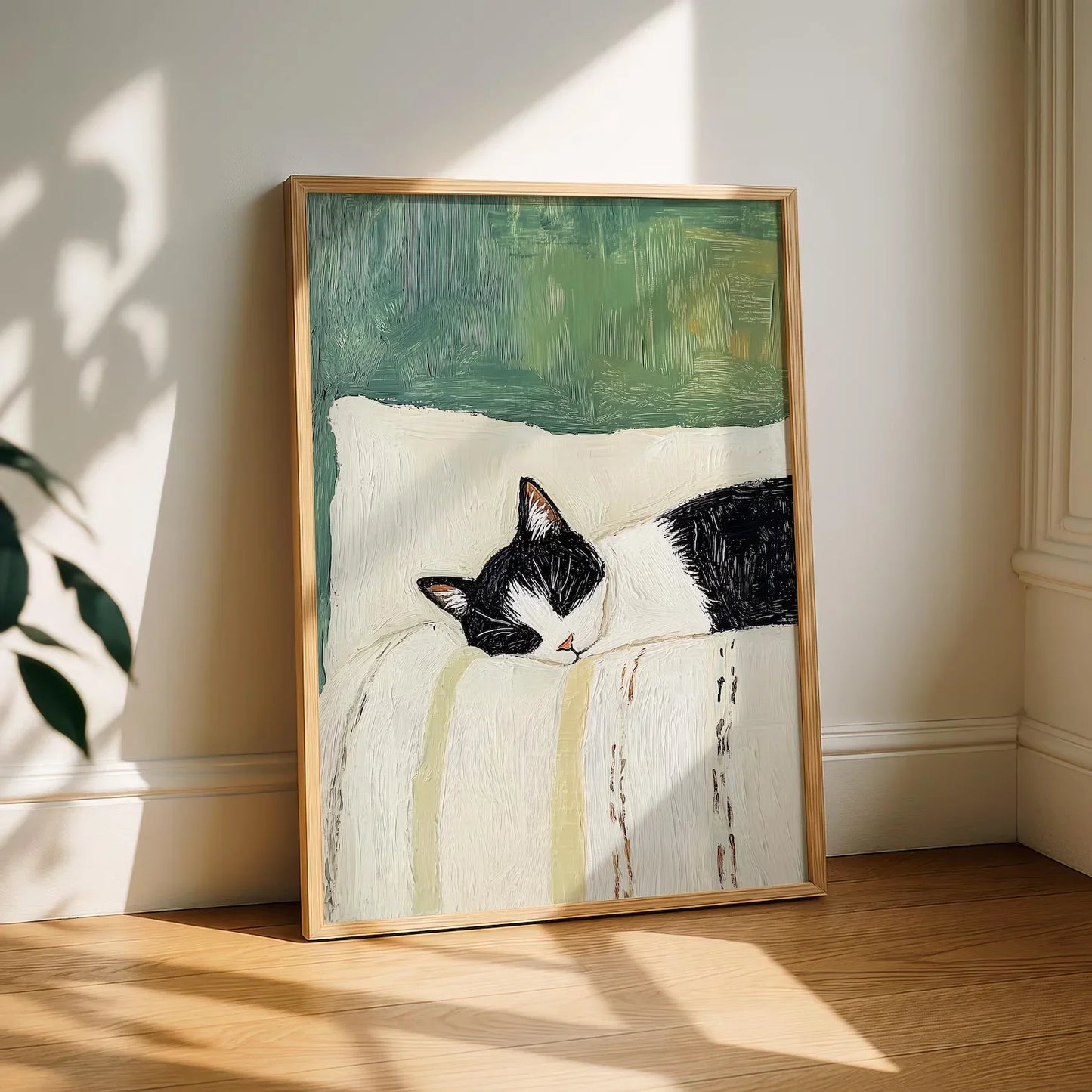 Sleeping Tuxedo Cat Wall Art Print: Black and White Cat Painting, Unframed Cat Poster gift decoration