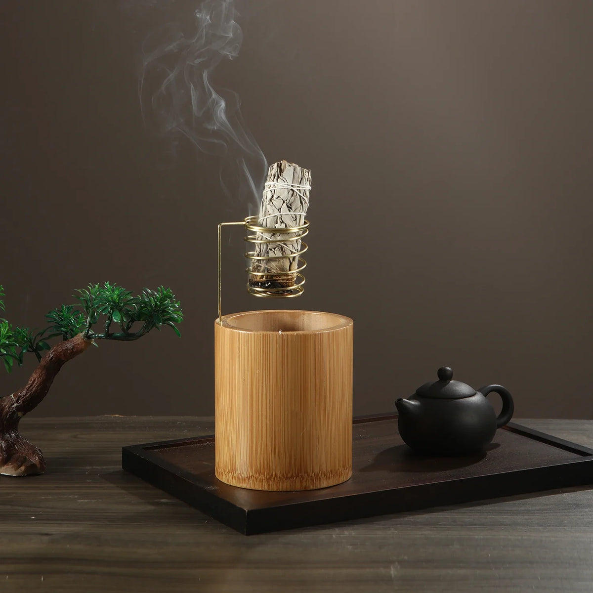 Bamboo Palo Santo Holder Metal Burner Sage Holder with Bamboo Ash Catcher Tray Incense Holder for Meditation Yoga Spa