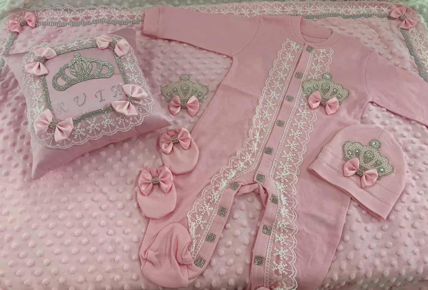 5pcs Baby Girl Outfits Set Welcome Home Hosptial Infant Receiving Blanket Pillow Bed Hat Mittens Romper Set