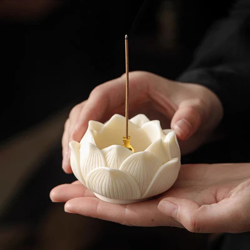 Ceramic Lotus Incense Burner Brass Gourd-shape Incense Holder Incense Stick Holder for Yoga Meditation Spa Home Decor