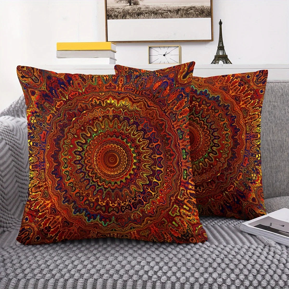 VIKAMA Red Dreamy Golden Mandala Bohemian Style Pillowcase, Modern Style Bedroom And Living Room Home Decoration