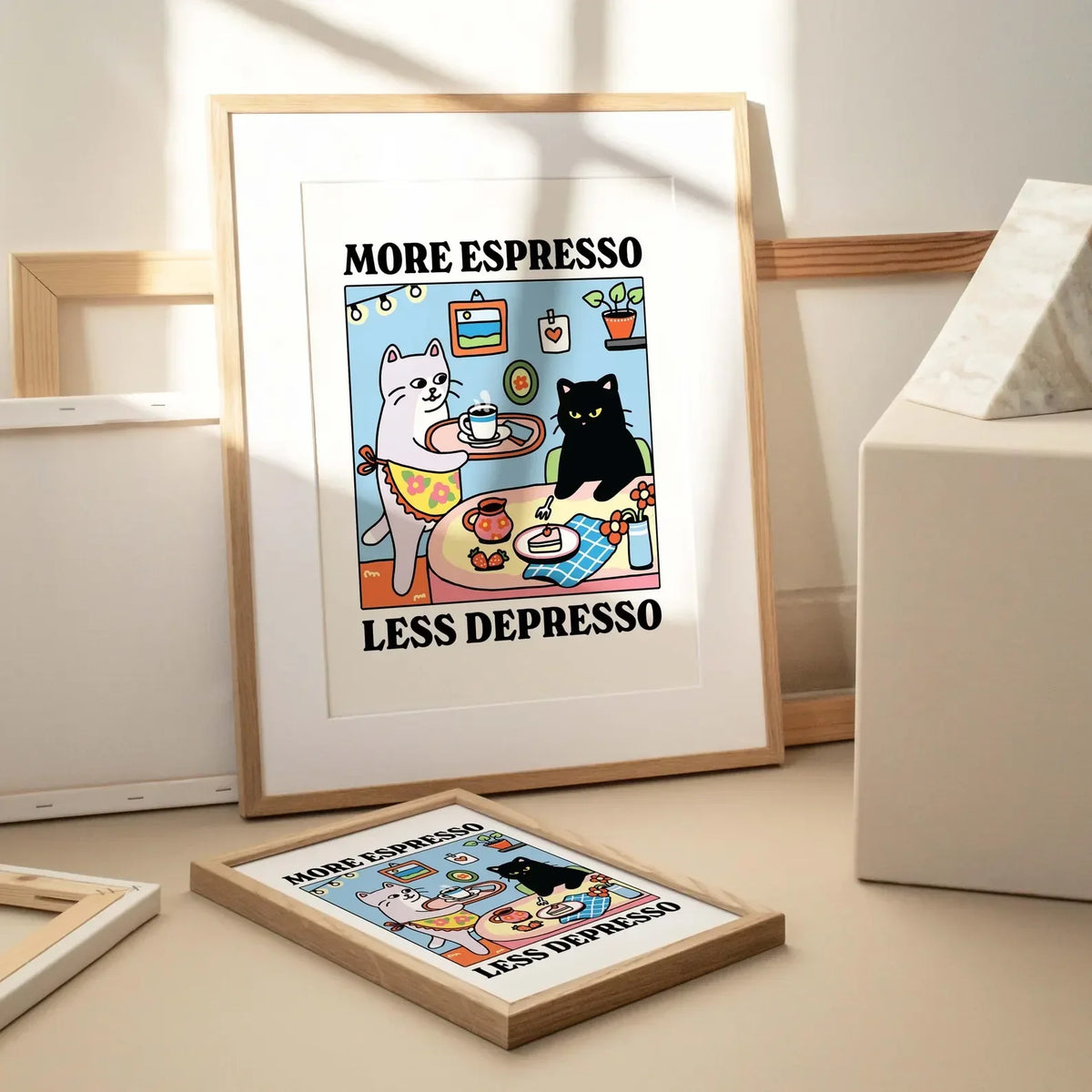 More Espresso Less Depresso Black Cat Wall Print, Coffee Cat Poster, Kitchen Art, Handmade Cat Coffee Poster, Coffee Bar, Unique