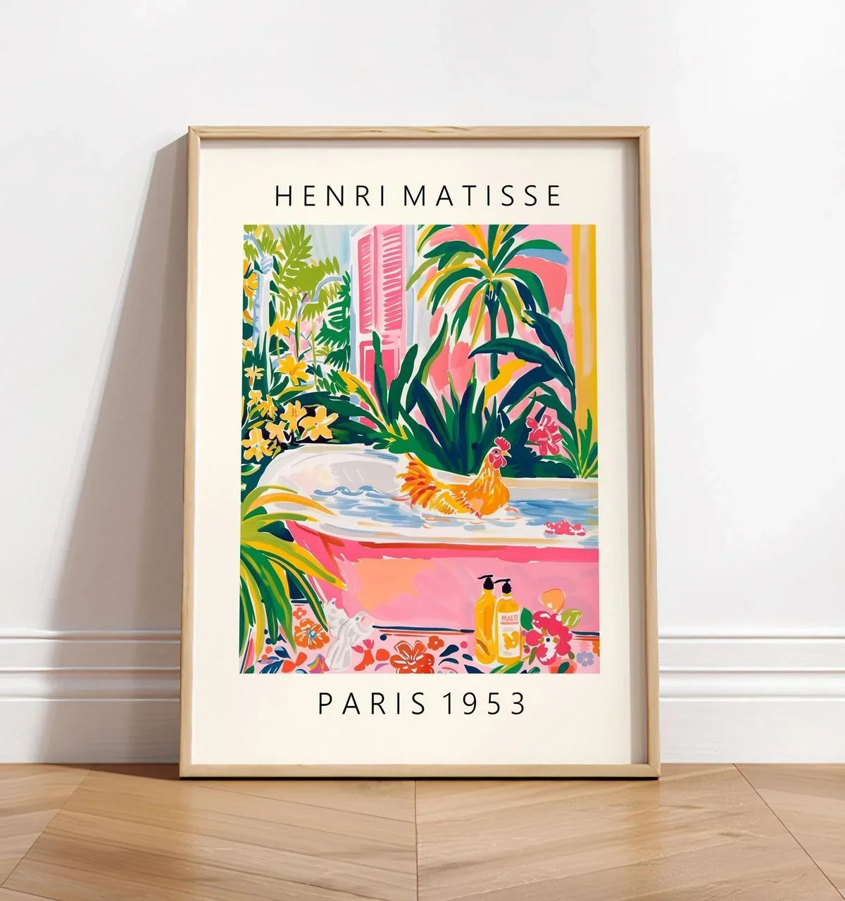 Black cat on toilet, Bathroom wall art, Matisse poster, Funny bathroom decor, Pink tropical decor