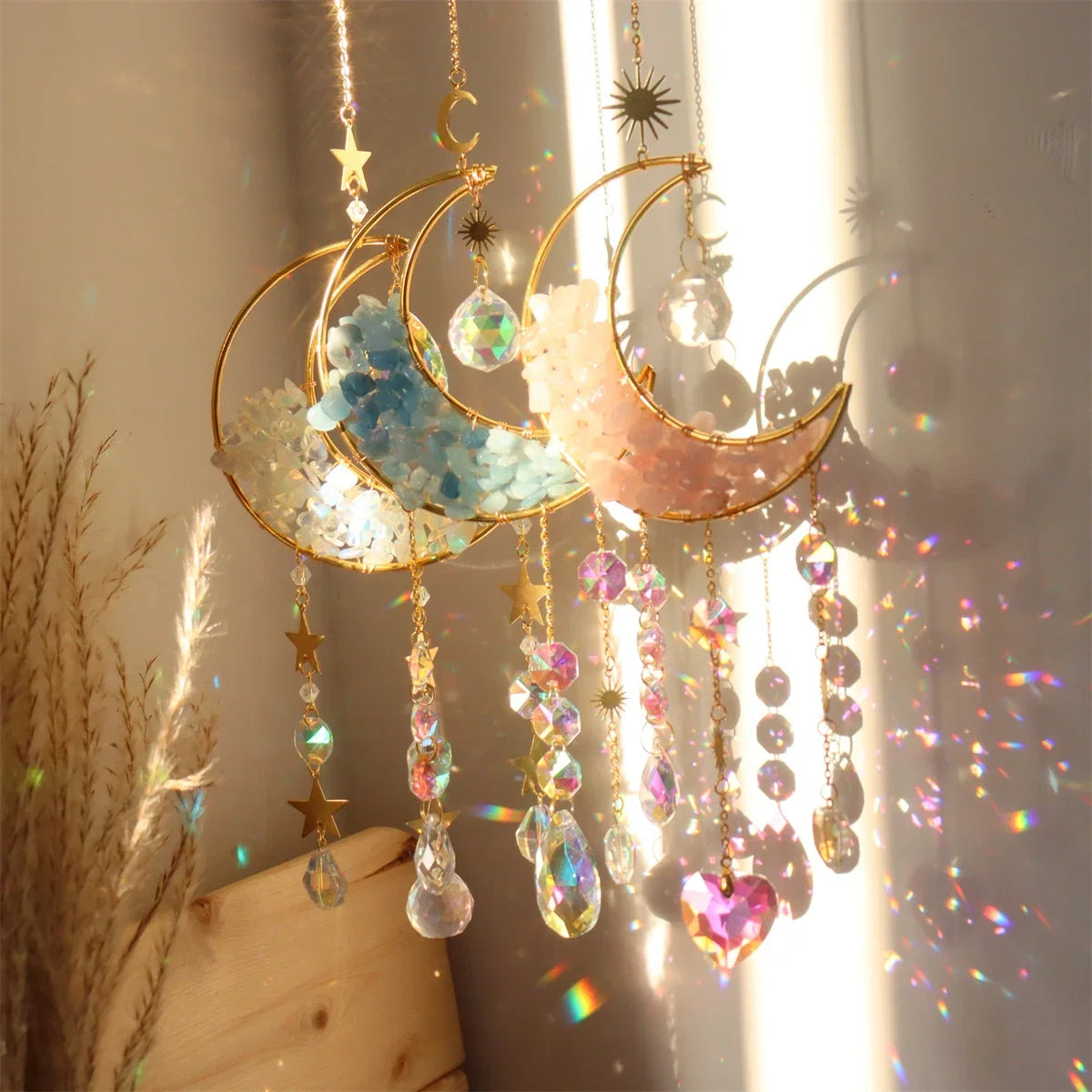 Hourglass Moon Purple Blue Green Pink Crystal Sun Catcher Pendant Decoration, Half Moon Window Hanging Pendant - Home and Garden