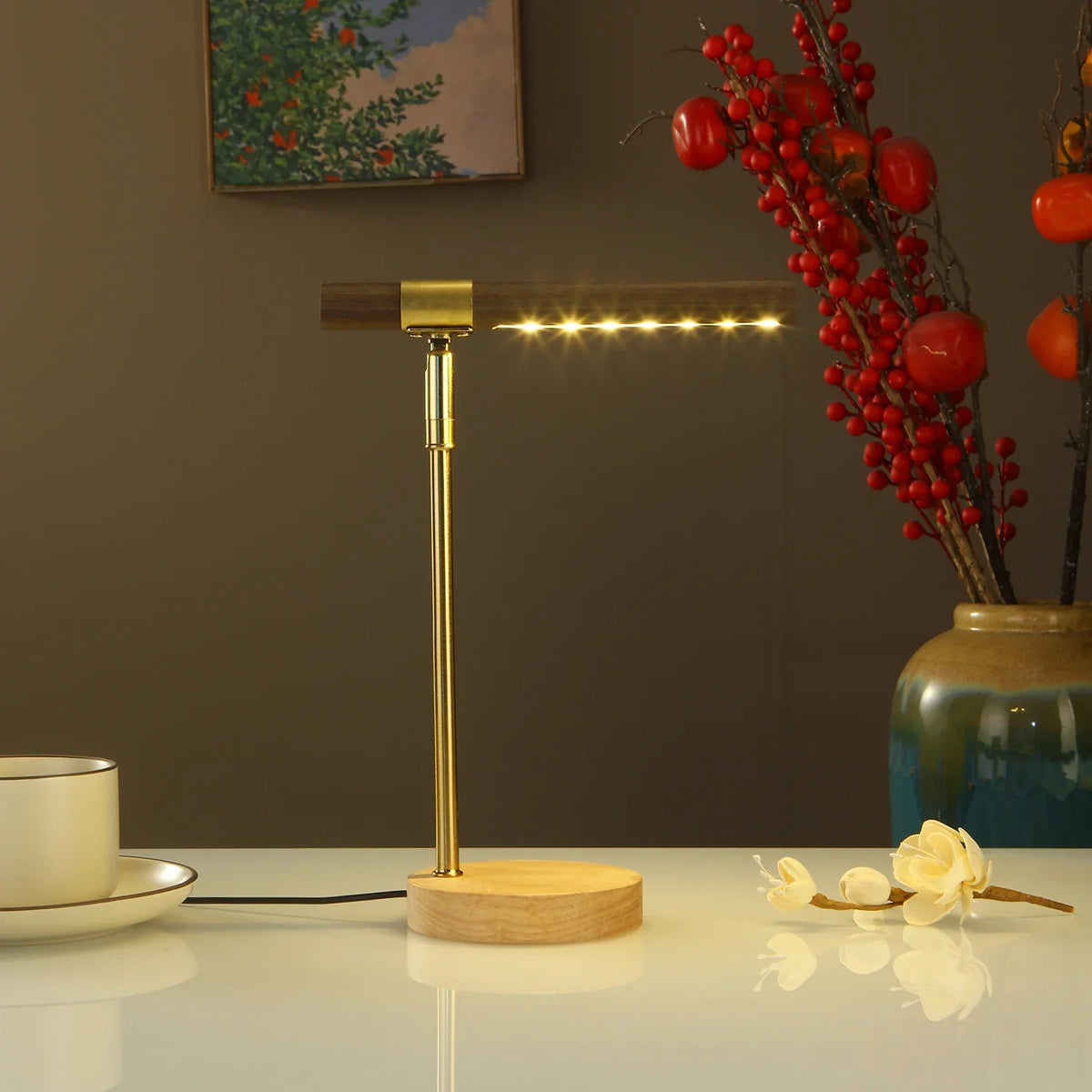 Wooden LED Table Lamp USB Powered Desk Lamp with 180° Adjustable Angle Night Light Minimalist Bedside Lamp for Bedroom Home