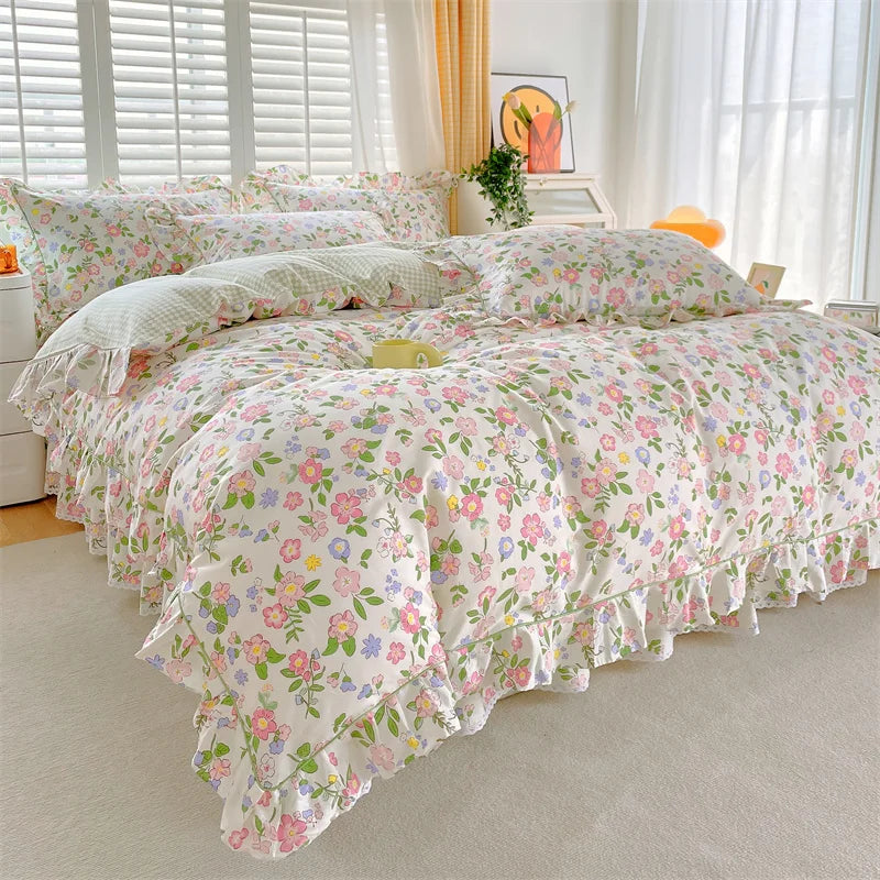 Bonenjoy Pink Color Duvet Cover with Ruffles 100%Cotton Flower Printed housse de couette for Girls Pure Cotton Bed Cover King