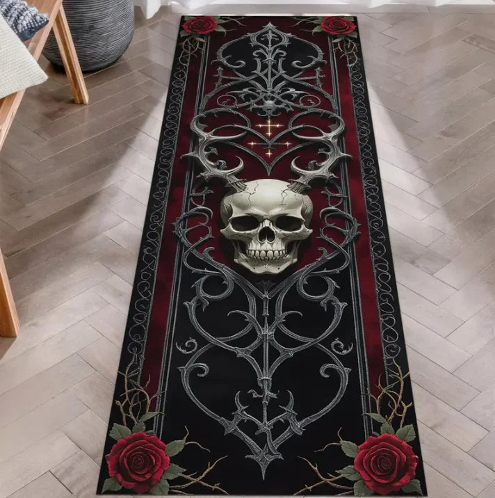 Skull Pattern Gothic Runner Rug Red Black Rose Decor Carpet Soft Non-Slip Art Home Decor Mat for Hallway Living Room Bedside