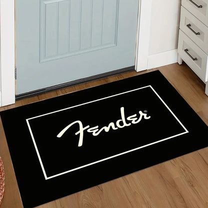 Fender Logo Carpet - Black White Guitar Rug Music Room Decor Doormat for Musician Home Studio Entryway Mat Easy To Clean Fashion