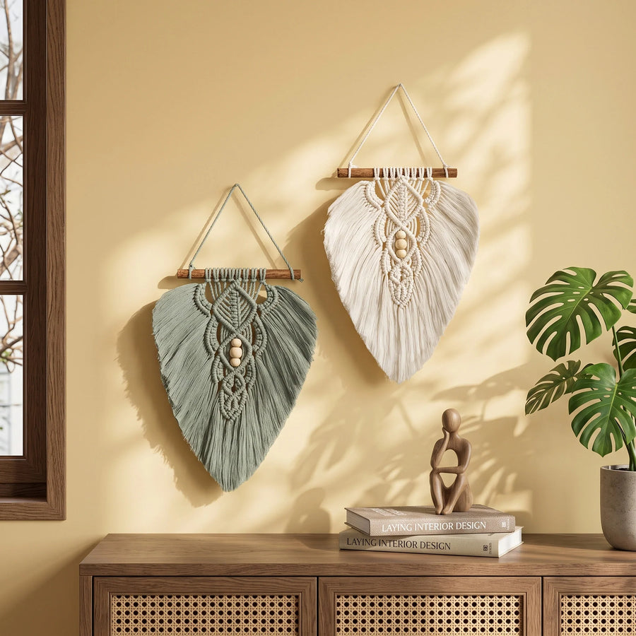 Sage Green and Natural Macrame Leaf Wall Hanging Set