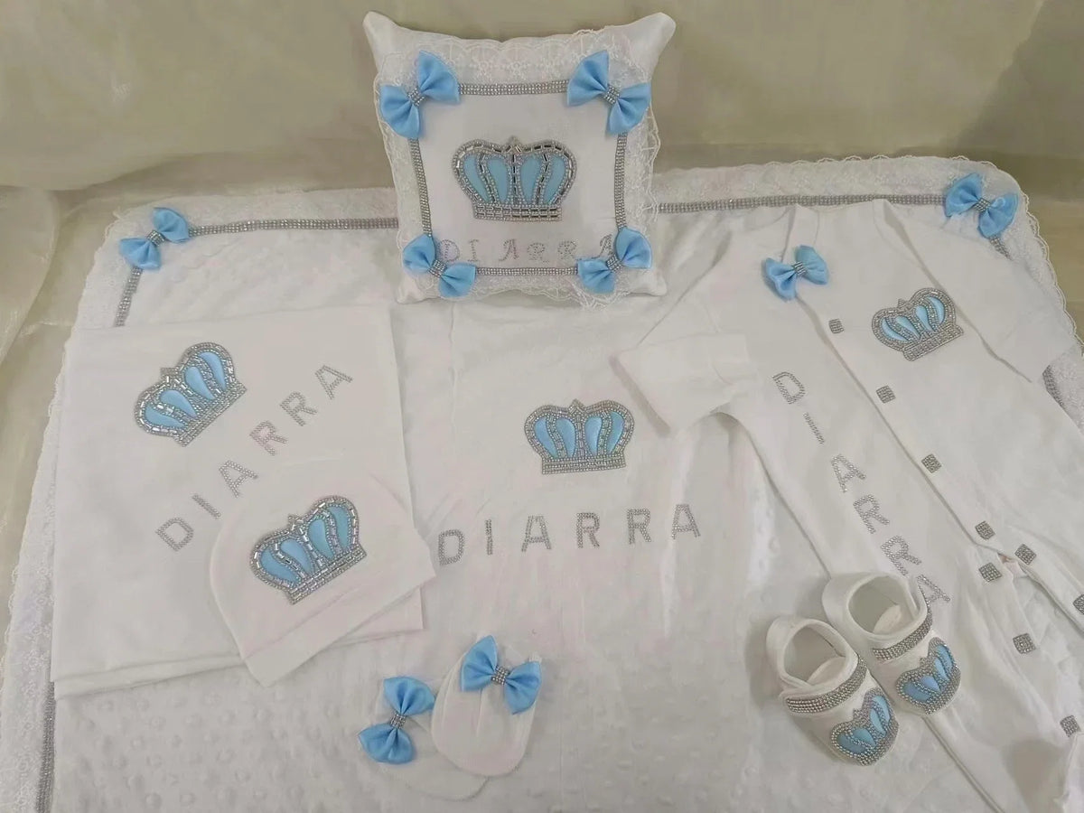 5pcs Baby Girl Outfits Set Welcome Home Hosptial Infant Receiving Blanket Pillow Bed Hat Mittens Romper Set