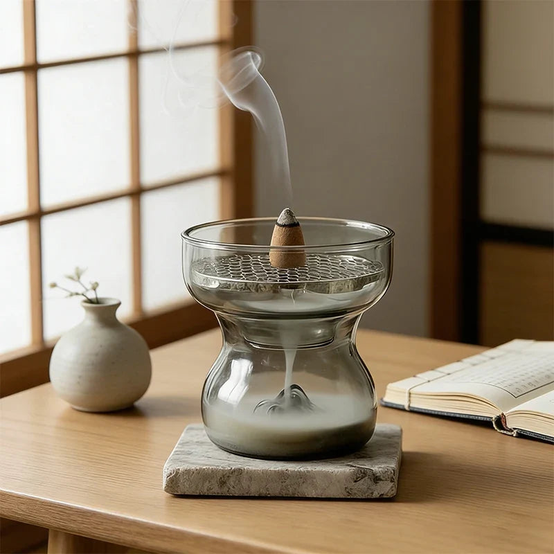 Glass Incense Burner Mountain Incense Holder for Coil Incense and Cone Incense with Glass Ash Catcher for Meditation Yoga Spa