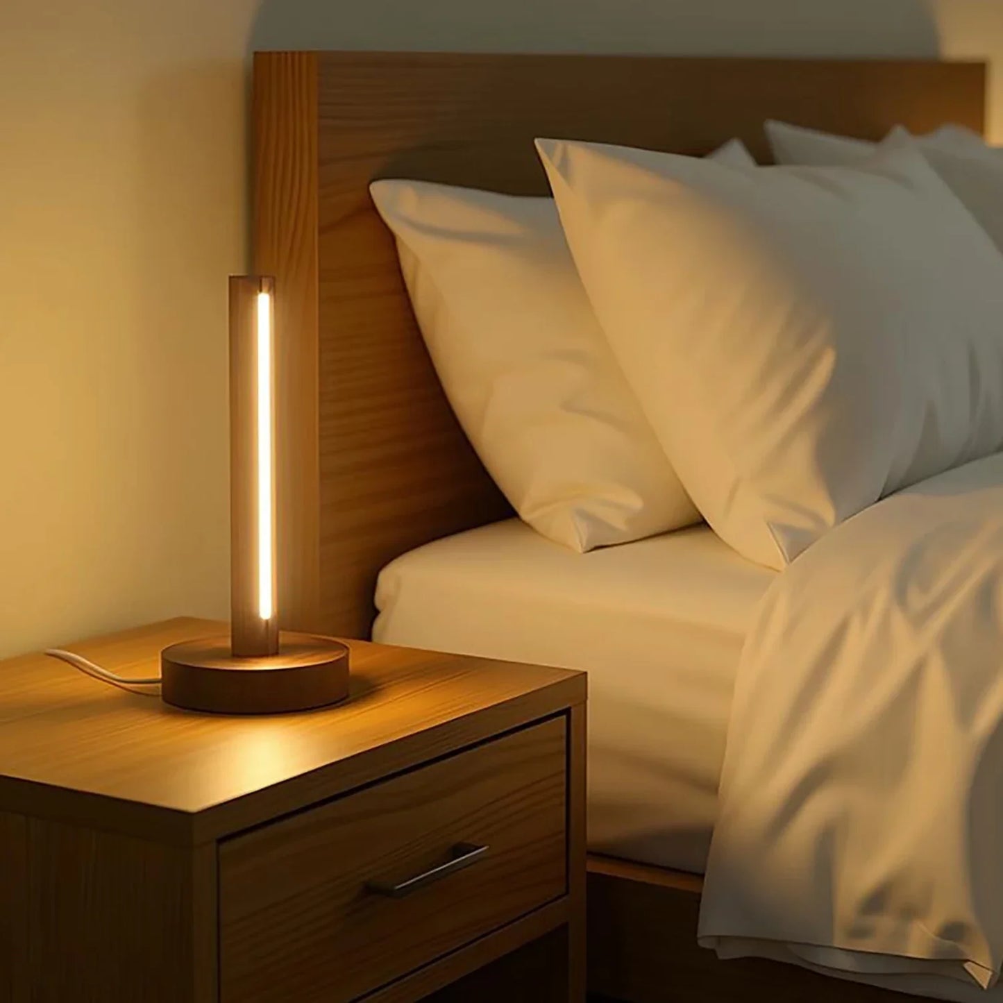 Natural Wood LED Table Lamp USB Powered Desk Lamp Retro Night Light Minimalist Bedside Lamp for Bedroom Ambient Lighting
