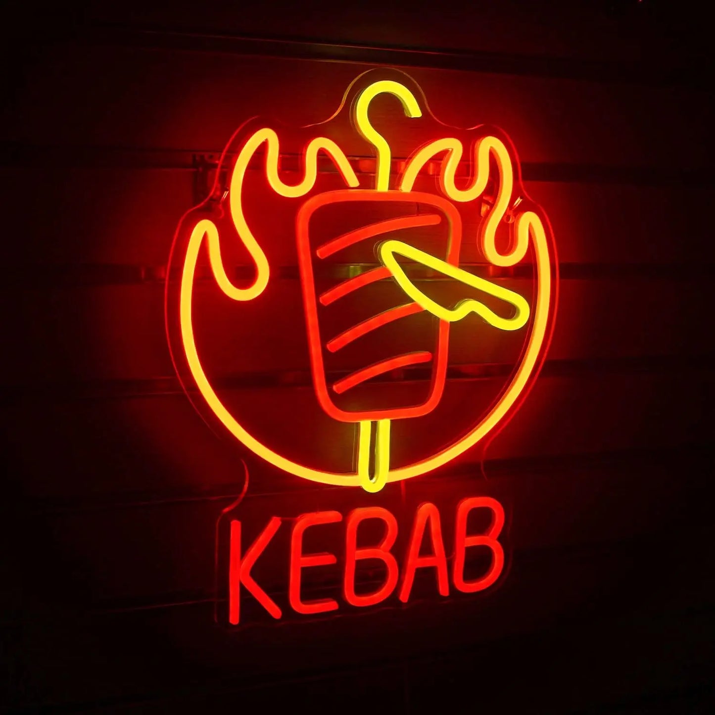 KEBAB Food LED Neon Sign with Flames and Knife for Kebab Shop Restaurant Bar Decor Home Party Unique Advertising Sign